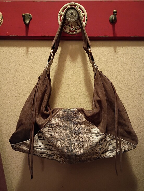 HOBO Handbags - HOBO Brown Suede Shoulder Bag with Snake-Print Panel